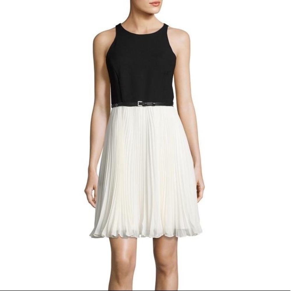 Halston heritage pleated chiffon dress black and white size 0
